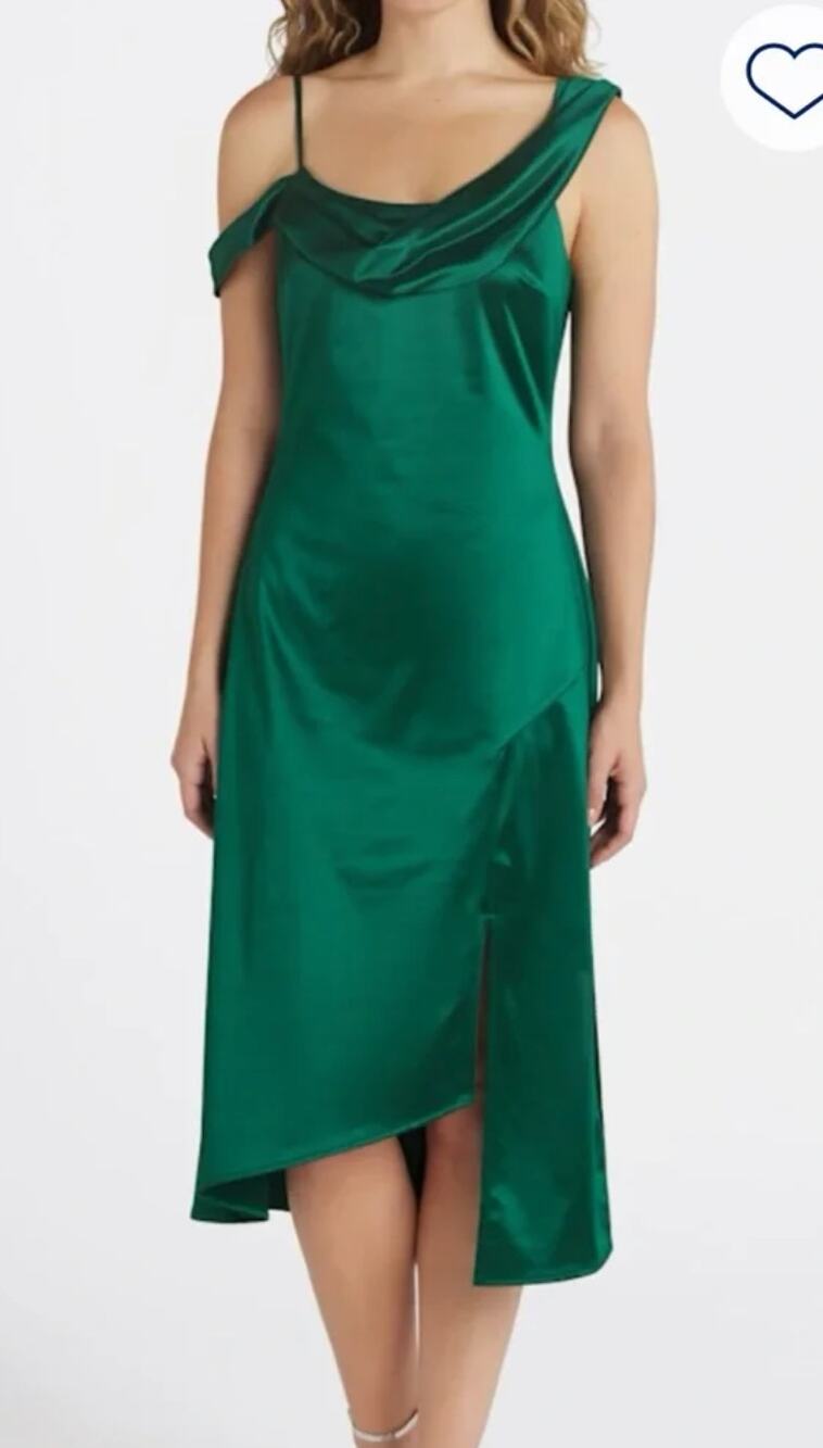 THE GENERAL GOOD Womens Off-Shoulder Satin Midi Dress Medium Forest Green NWOT